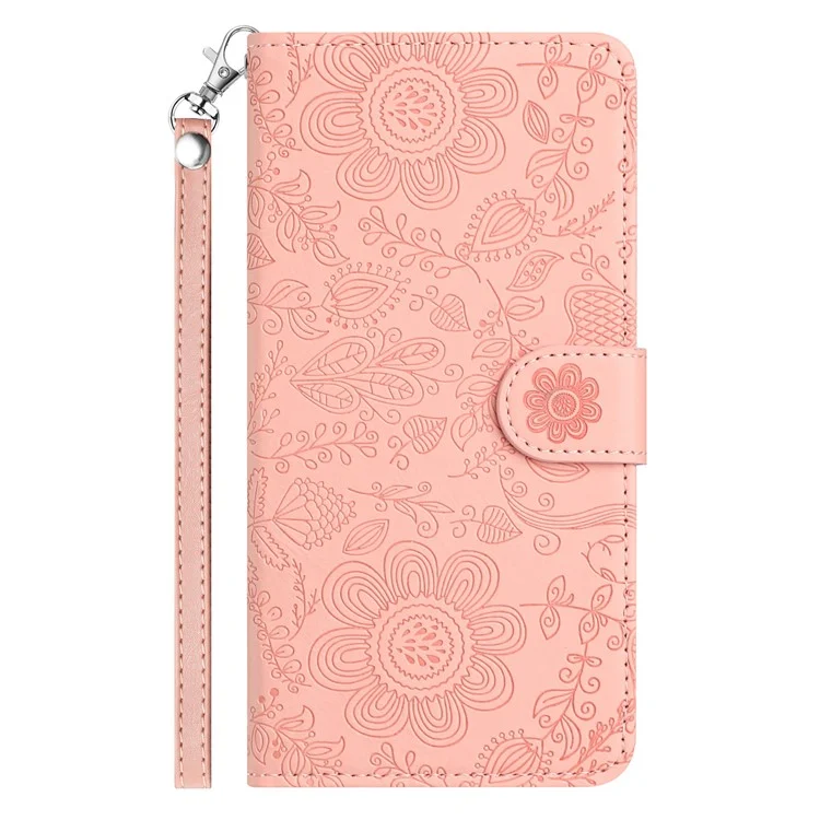 For Samsung Galaxy A15 4G / 5G Case Flower Imprint Leather Flip Wallet Phone Cover with Wrist Strap - Pink