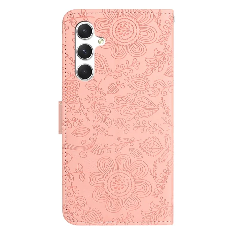 For Samsung Galaxy A15 4G / 5G Case Flower Imprint Leather Flip Wallet Phone Cover with Wrist Strap - Pink