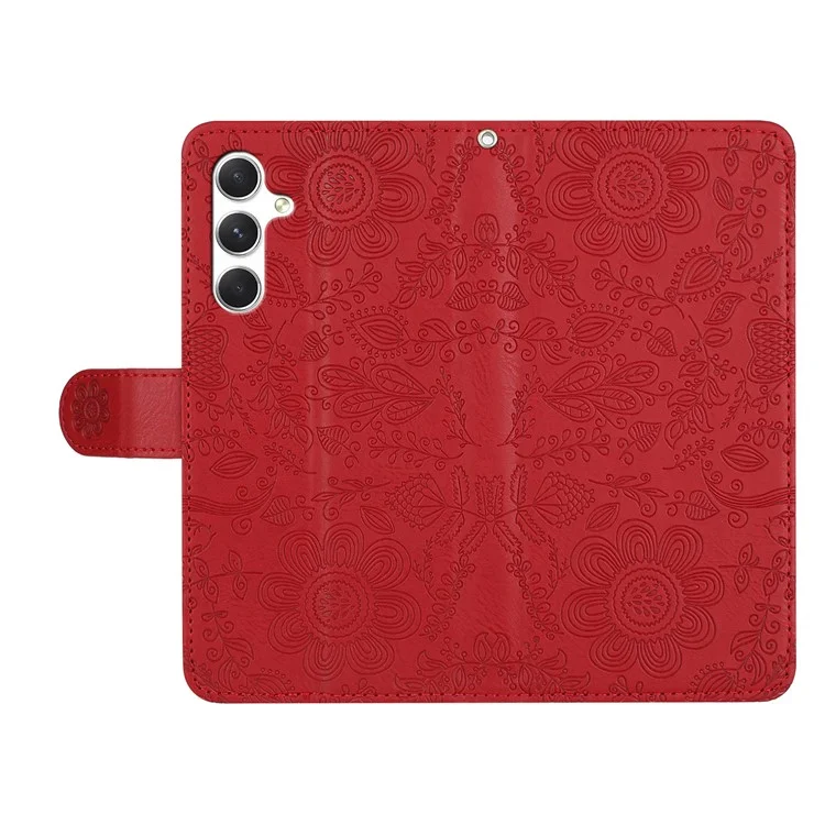 For Samsung Galaxy A54 5G Case Flower Imprint Leather Flip Wallet Phone Cover with Wrist Strap - Red