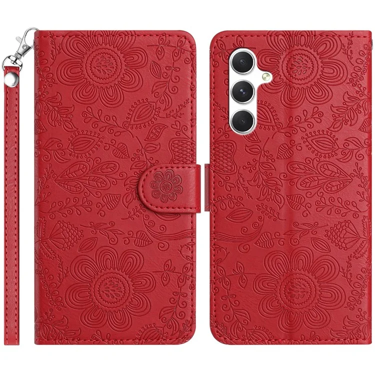 For Samsung Galaxy A34 5G Case Flower Imprint Leather Flip Wallet Phone Cover with Wrist Strap - Red