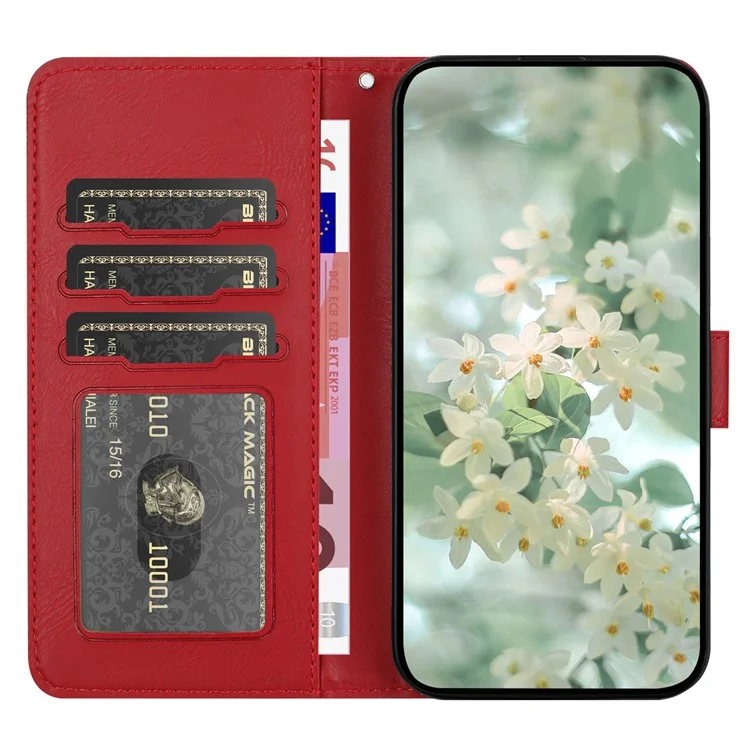 For Samsung Galaxy A34 5G Case Flower Imprint Leather Flip Wallet Phone Cover with Wrist Strap - Red