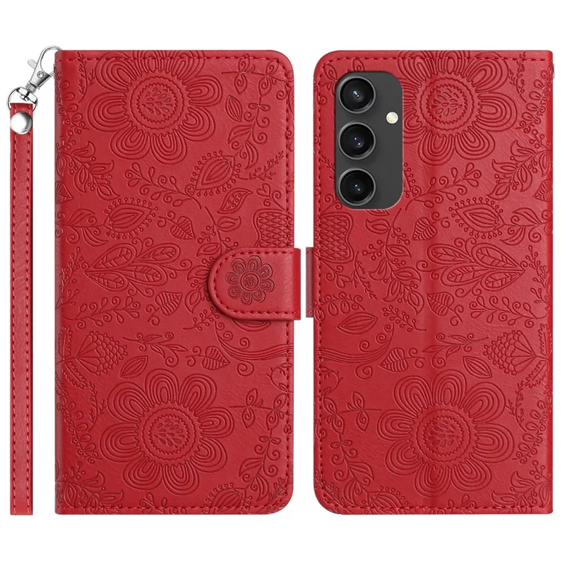 Für Samsung Galaxy S24 fe Case Flower Impress Leder Flip Wallet -telefonabdeckung Mit Handgelenkriemen - Rot