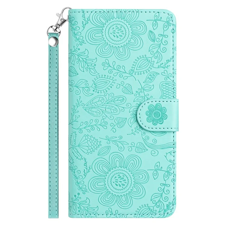 Per Samsung Galaxy A24 4G (162,1 x 77,6 x 8,3 Mm) Impronta Fiore Flip Flip Worthet Cover Con Cinturino da Polso - Verde Chiaro
