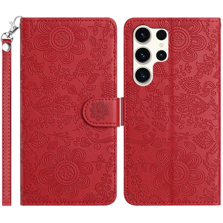 For Samsung Galaxy S24 Ultra Case Flower Imprint Leather Flip Wallet Phone Cover with Wrist Strap - Red