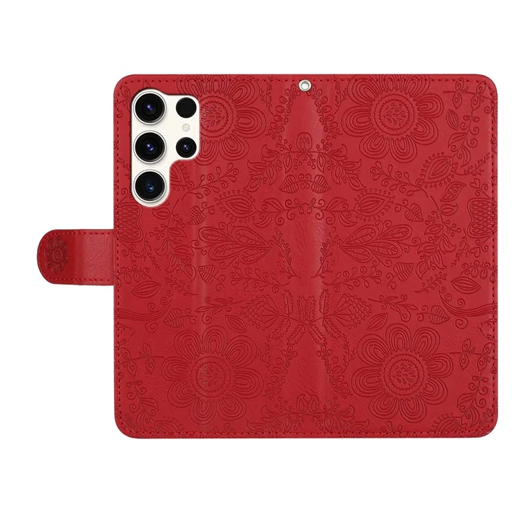 For Samsung Galaxy S24 Ultra Case Flower Imprint Leather Flip Wallet Phone Cover with Wrist Strap - Red