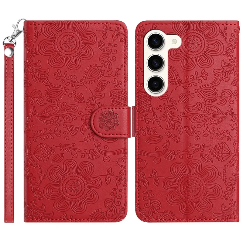 Per Samsung Galaxy S23 Case Flower Impronta Flip Portafoglio Per Telefono Con Cinturino da Polso - Rosso