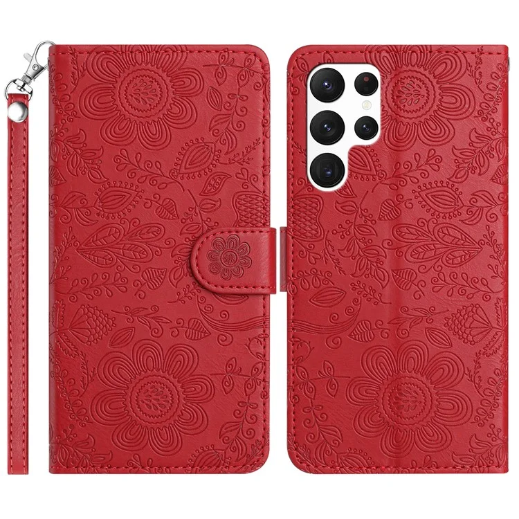 Pour Samsung Galaxy S23 Ultra Case Flower Imprint le Cuir en Cuir Portefeuille Couvercle de Téléphone Avec Bracelet en Poignet - Rouge