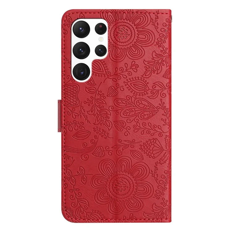 Pour Samsung Galaxy S23 Ultra Case Flower Imprint le Cuir en Cuir Portefeuille Couvercle de Téléphone Avec Bracelet en Poignet - Rouge