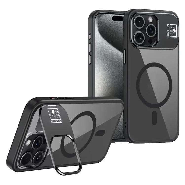 Compra a Granel Para Iphone 16 Pro Max Magnetic Case Acrílico+tpu Magnetic Telephip Cover With Lens Kickstand - Negro