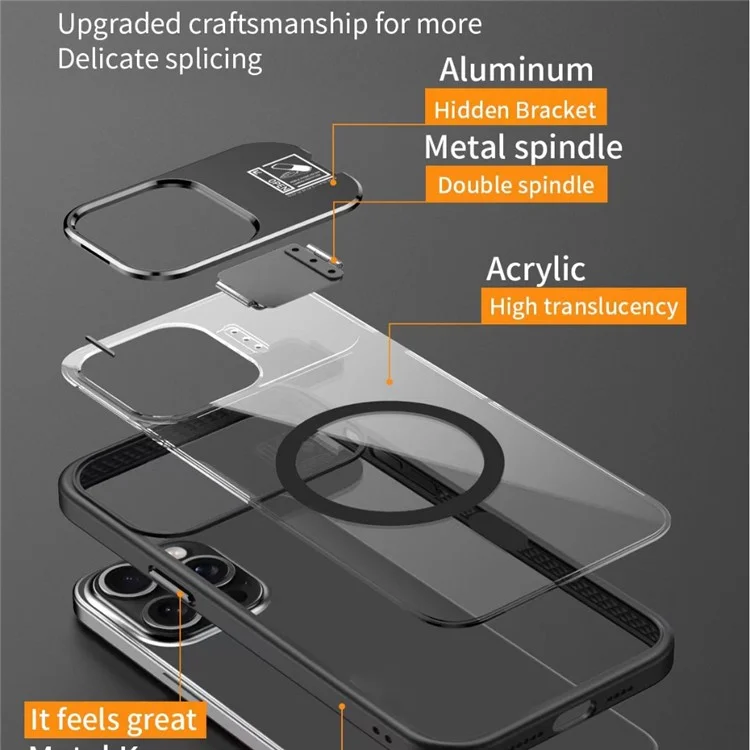 Compra a Granel Para Iphone 16 Pro Max Magnetic Case Acrílico+tpu Magnetic Telephip Cover With Lens Kickstand - Negro