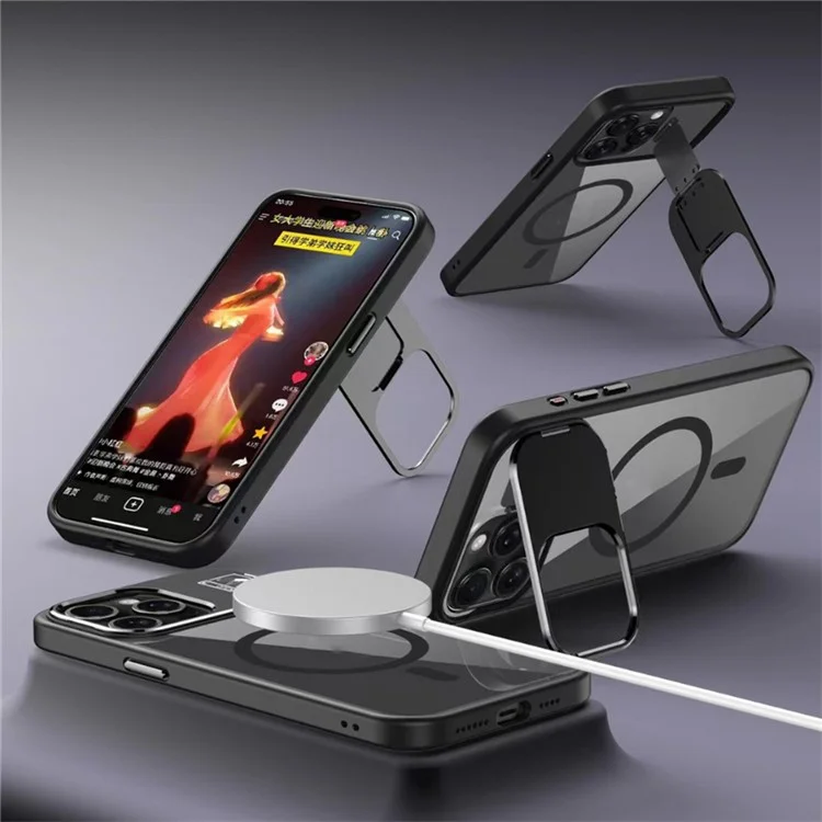 Compra a Granel Para Iphone 16 Pro Max Magnetic Case Acrílico+tpu Magnetic Telephip Cover With Lens Kickstand - Negro