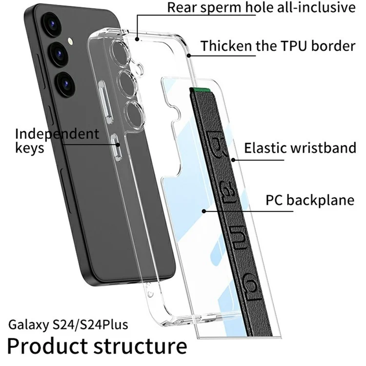 GKK Para Samsung Galaxy S24 Carcasa Transparente Anti-Caídas Cubierta de Teléfono TPU+PC con Correa de Mano de Silicona - Fibra de Carbono