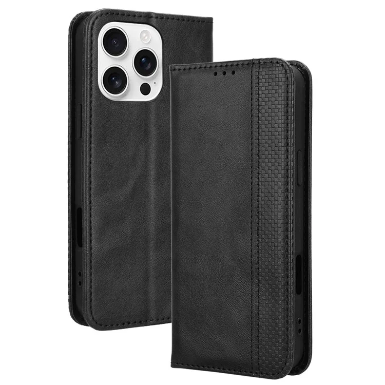 Für Das Iphone 16 Pro Leather Hülle Wallet Stand Retro Textur Telefonabdeckung - Schwarz