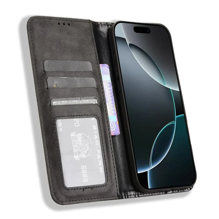 Für Das Iphone 16 Pro Leather Hülle Wallet Stand Retro Textur Telefonabdeckung - Schwarz