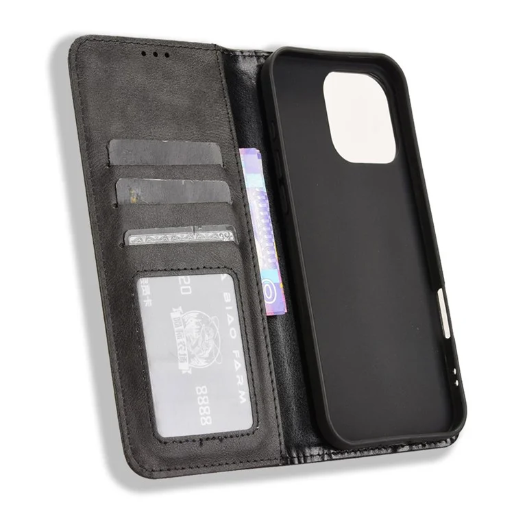 Für Das Iphone 16 Pro Leather Hülle Wallet Stand Retro Textur Telefonabdeckung - Schwarz