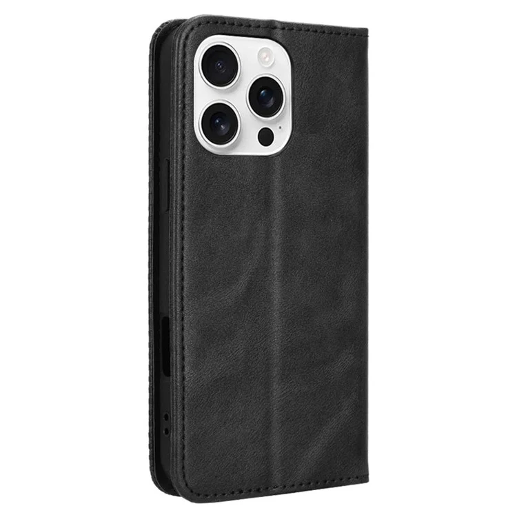 Für Das Iphone 16 Pro Leather Hülle Wallet Stand Retro Textur Telefonabdeckung - Schwarz