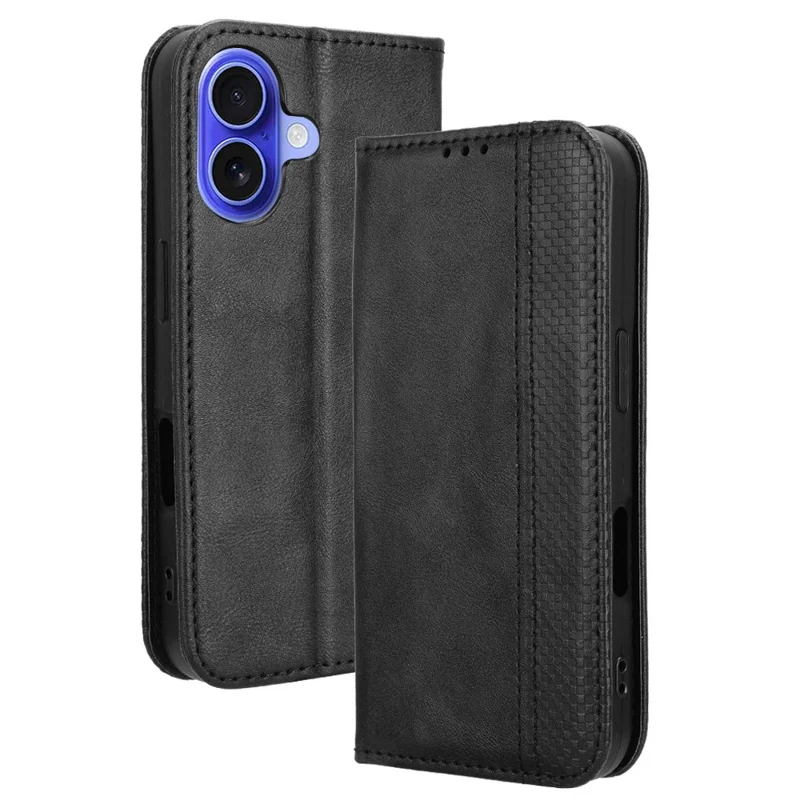 For iPhone 16 Leather Case Wallet Stand Retro Texture Phone Cover - Black