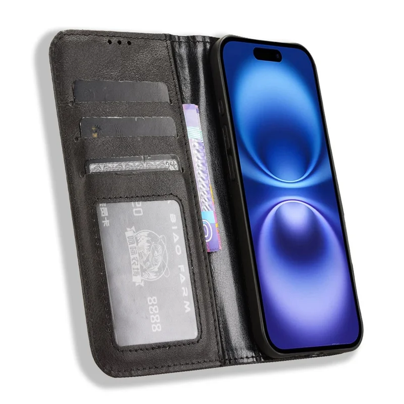 For iPhone 16 Leather Case Wallet Stand Retro Texture Phone Cover - Black