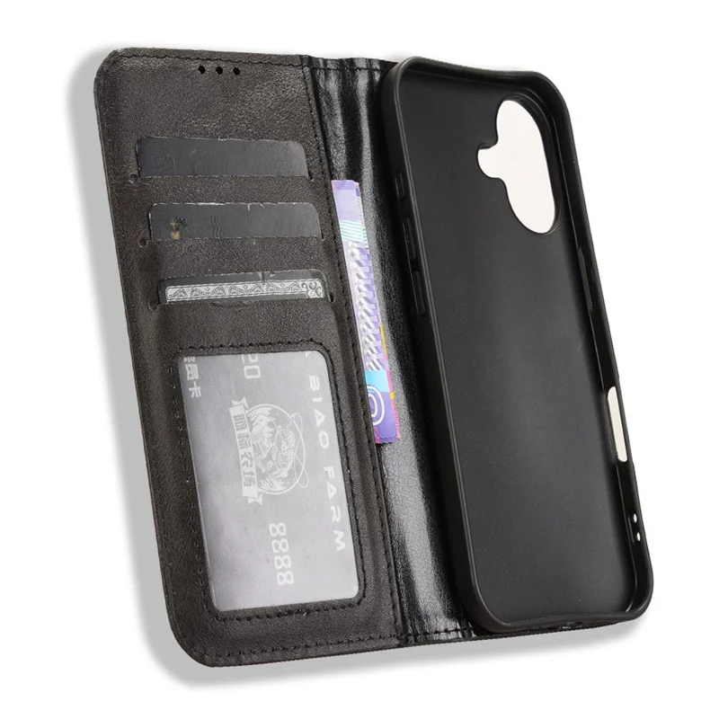 For iPhone 16 Leather Case Wallet Stand Retro Texture Phone Cover - Black