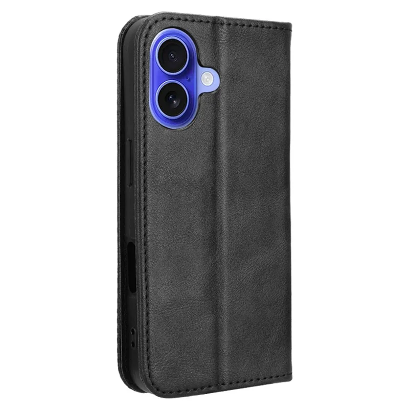For iPhone 16 Leather Case Wallet Stand Retro Texture Phone Cover - Black