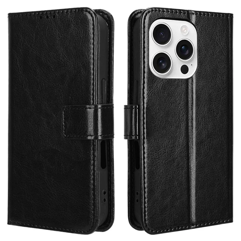 For iPhone 16 Pro Max Case Crazy Horse Texture PU Leather Phone Wallet Cover - Black