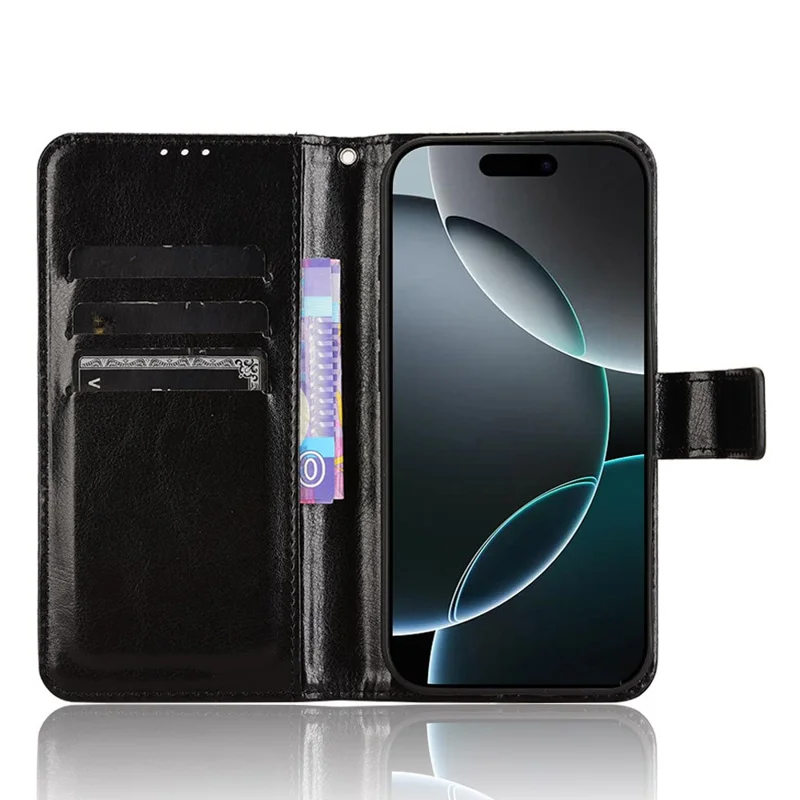 For iPhone 16 Pro Max Case Crazy Horse Texture PU Leather Phone Wallet Cover - Black