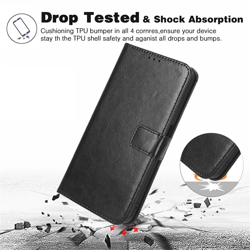 For iPhone 16 Pro Max Case Crazy Horse Texture PU Leather Phone Wallet Cover - Black