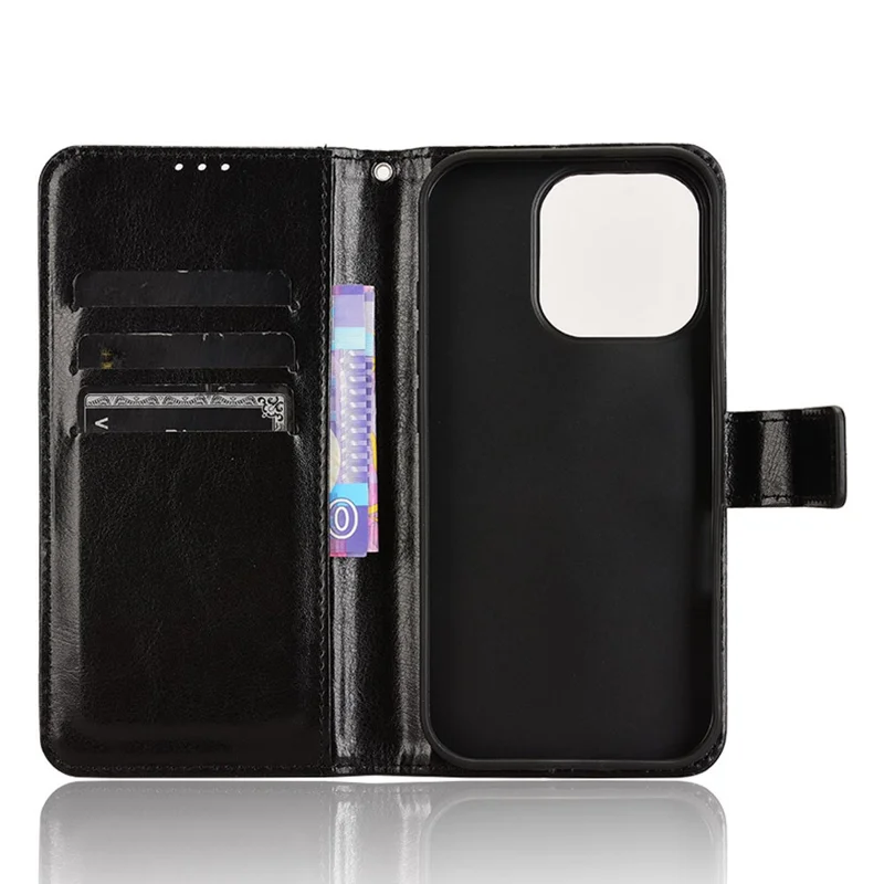 For iPhone 16 Pro Max Case Crazy Horse Texture PU Leather Phone Wallet Cover - Black
