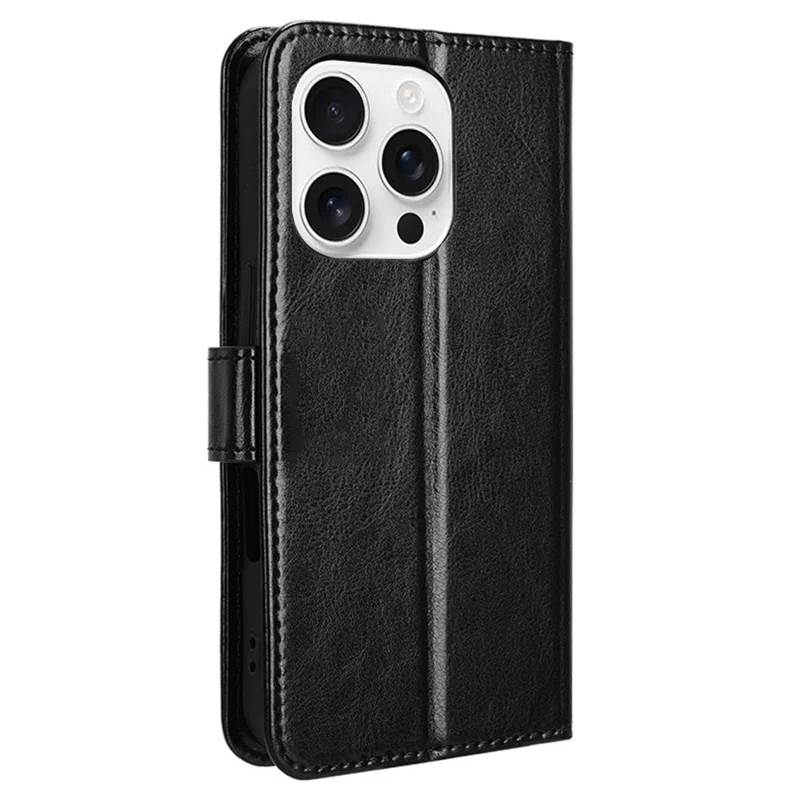 For iPhone 16 Pro Max Case Crazy Horse Texture PU Leather Phone Wallet Cover - Black
