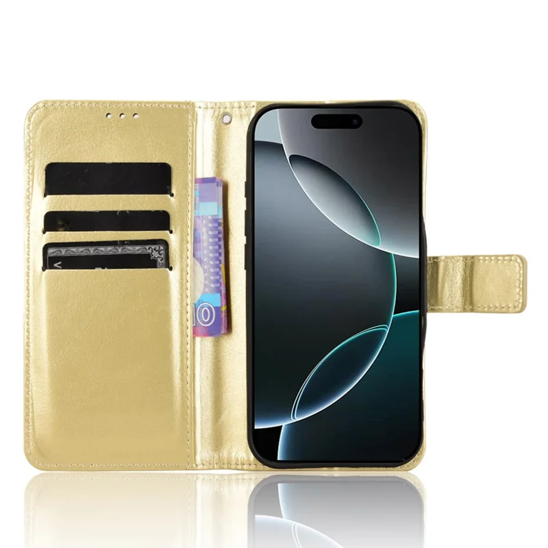 For iPhone 16 Pro Case Crazy Horse Texture PU Leather Phone Wallet Cover - Gold