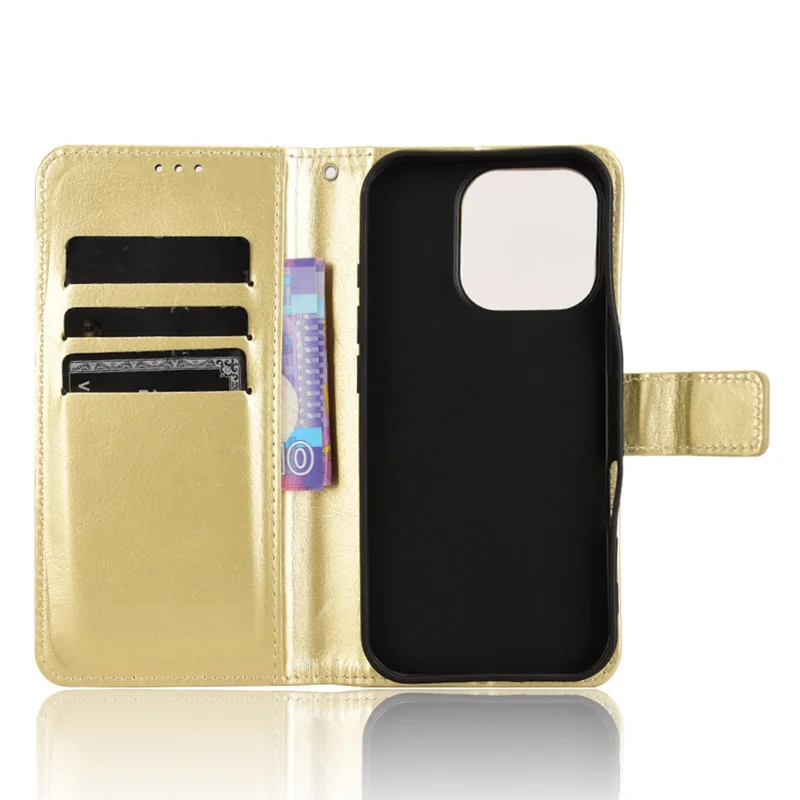 For iPhone 16 Pro Case Crazy Horse Texture PU Leather Phone Wallet Cover - Gold
