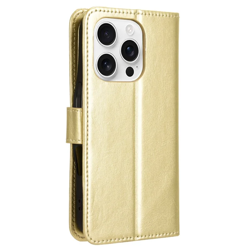 For iPhone 16 Pro Case Crazy Horse Texture PU Leather Phone Wallet Cover - Gold