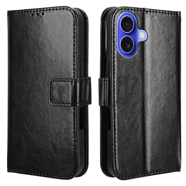 For iPhone 16 Case Crazy Horse Texture PU Leather Phone Wallet Cover - Schwarz
