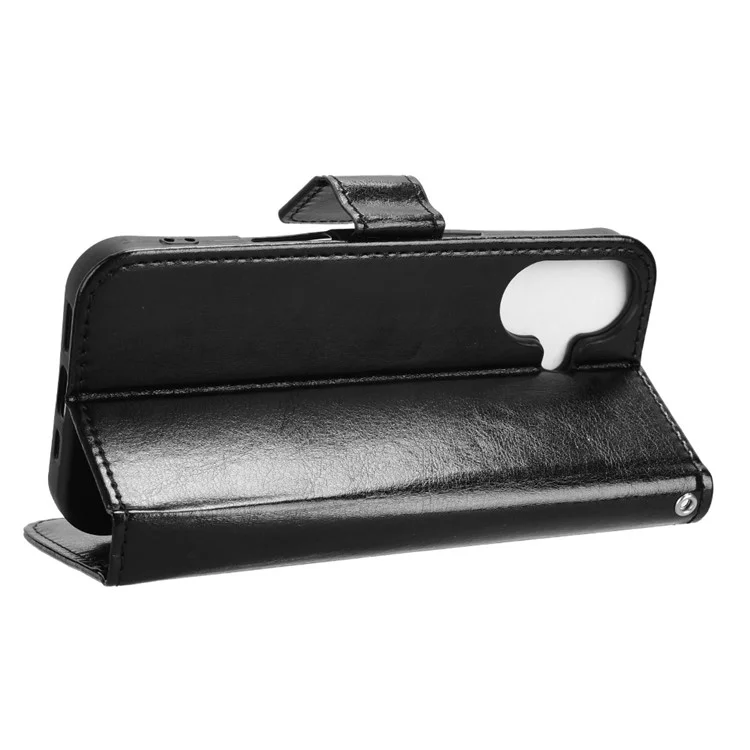 For iPhone 16 Case Crazy Horse Texture PU Leather Phone Wallet Cover - Schwarz
