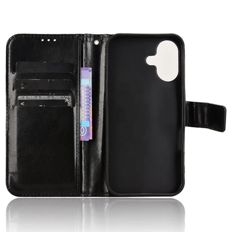 For iPhone 16 Case Crazy Horse Texture PU Leather Phone Wallet Cover - Schwarz