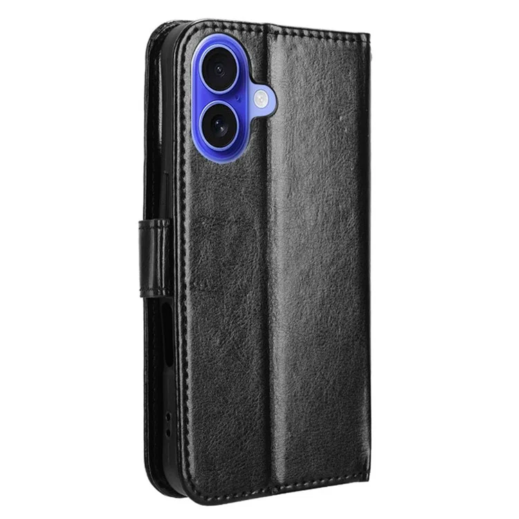 For iPhone 16 Case Crazy Horse Texture PU Leather Phone Wallet Cover - Schwarz