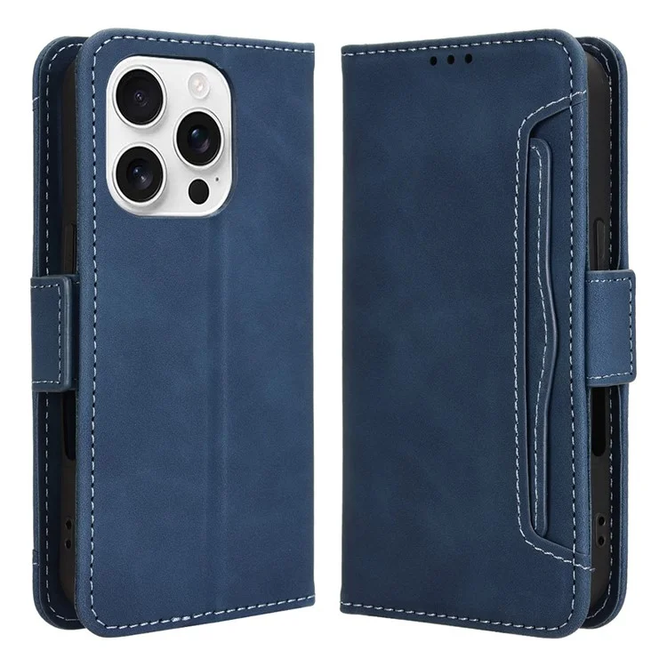 For iPhone 16 Pro Max Leather Case Phone Wallet Cover with Multiple Card Slots - Blue