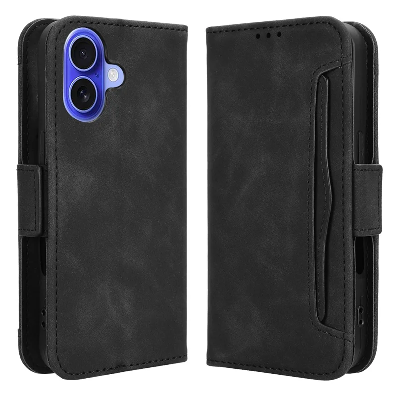For iPhone 16 Leather Case Phone Wallet Cover with Multiple Card Slots - Black
