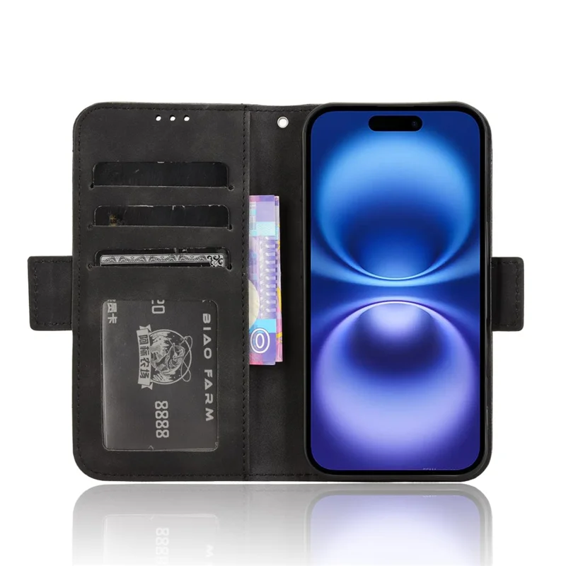 For iPhone 16 Leather Case Phone Wallet Cover with Multiple Card Slots - Black