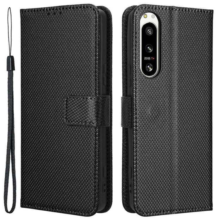 For Sony Xperia 5 IV 5G Dustproof PU Leather Stand Case Diamond Texture Phone Wallet Cover - Black