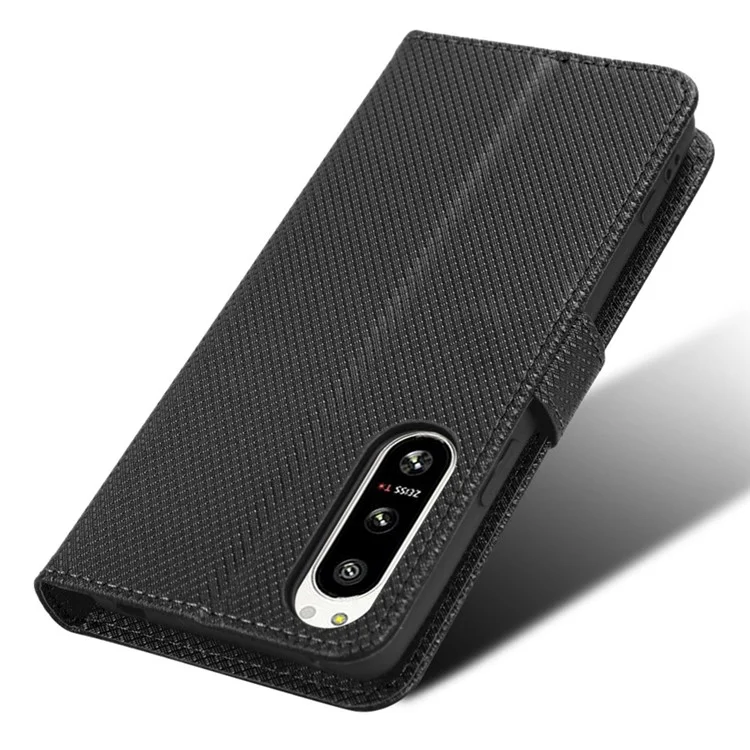 For Sony Xperia 5 IV 5G Dustproof PU Leather Stand Case Diamond Texture Phone Wallet Cover - Black