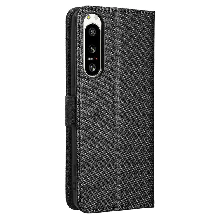 For Sony Xperia 5 IV 5G Dustproof PU Leather Stand Case Diamond Texture Phone Wallet Cover - Black