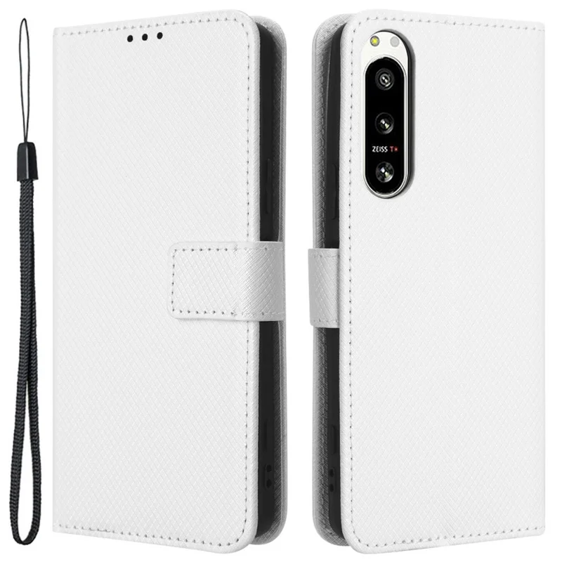 Til Sony Xperia 5 IV 5G Støvbekæmpende PU Læder Standtaske med Diamantstruktur Telefonwallet Cover - Hvid