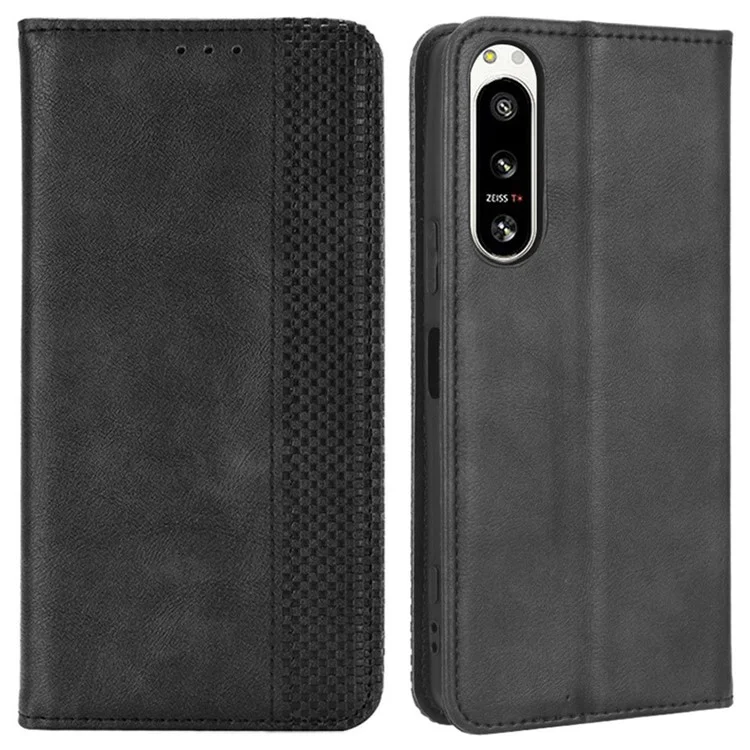 For Sony Xperia 5 IV 5G Vintage Texture Magnetic Auto-absorbed PU Leather Case Wallet Stand Phone Cover - Black
