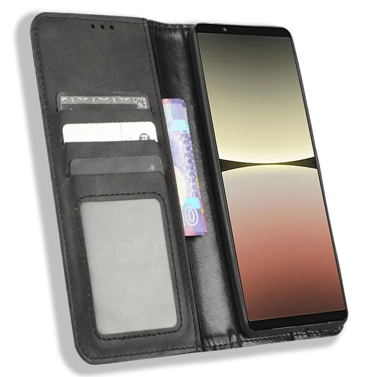 For Sony Xperia 5 IV 5G Vintage Texture Magnetic Auto-absorbed PU Leather Case Wallet Stand Phone Cover - Black