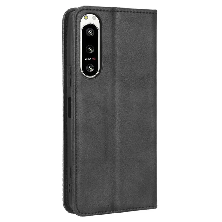 For Sony Xperia 5 IV 5G Vintage Texture Magnetic Auto-absorbed PU Leather Case Wallet Stand Phone Cover - Black