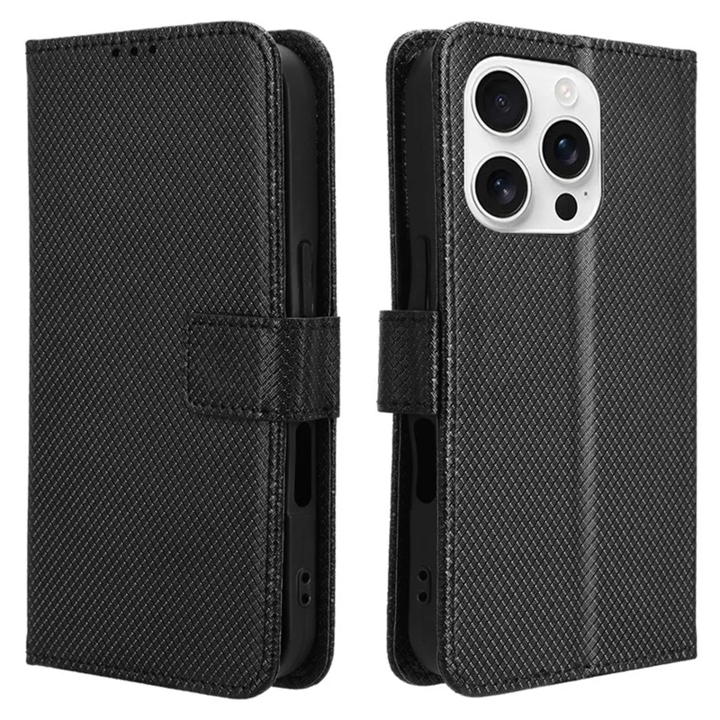 For iPhone 16 Pro Max Case PU Leather Diamond Texture Wallet Phone Cover - Black