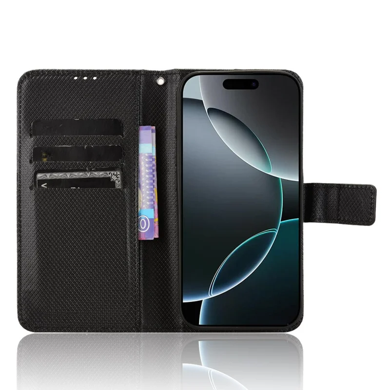 For iPhone 16 Pro Max Case PU Leather Diamond Texture Wallet Phone Cover - Black