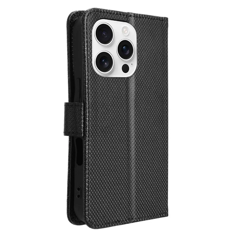 For iPhone 16 Pro Max Case PU Leather Diamond Texture Wallet Phone Cover - Black