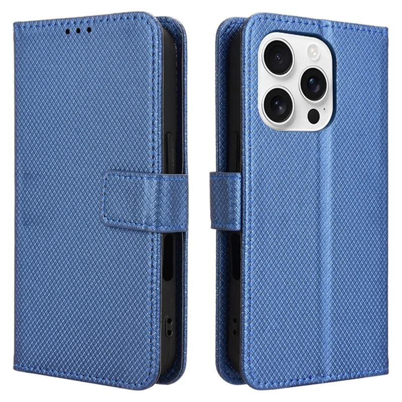For iPhone 16 Pro Case PU Leather Diamond Texture Wallet Phone Cover - Blue